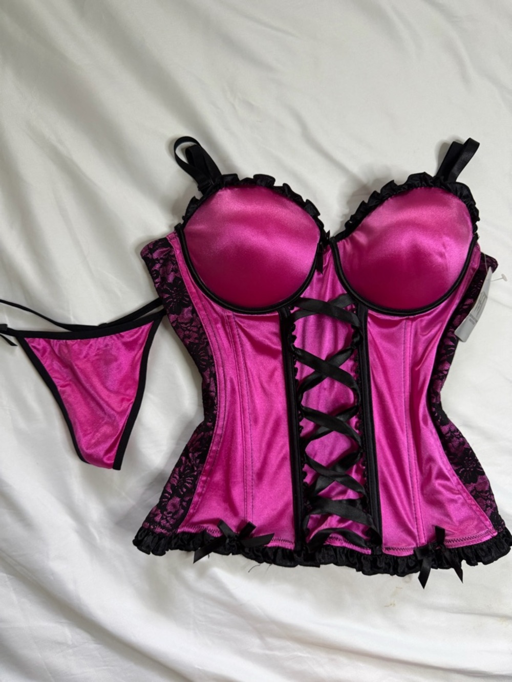 Hot Topic Pink Satin Lace Bustier Set with Black lace Trim